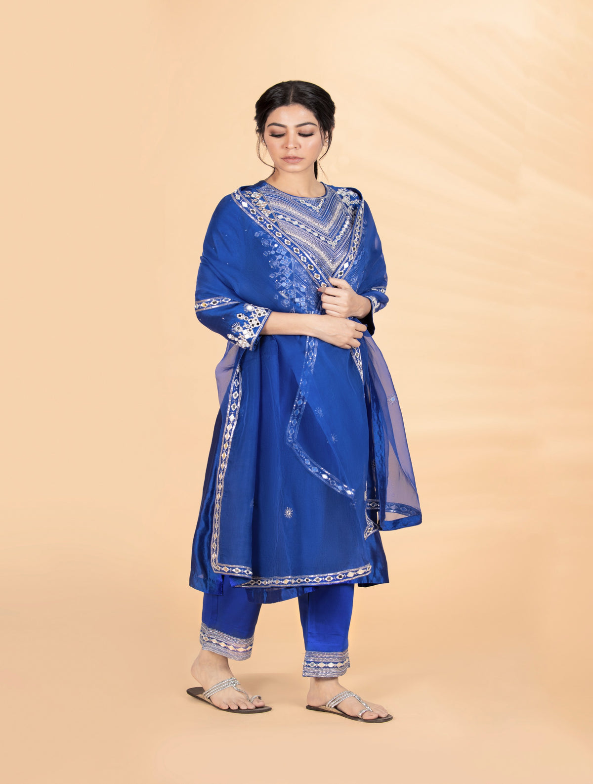 Blue Mirror & Sequins Embroidered Suit Set