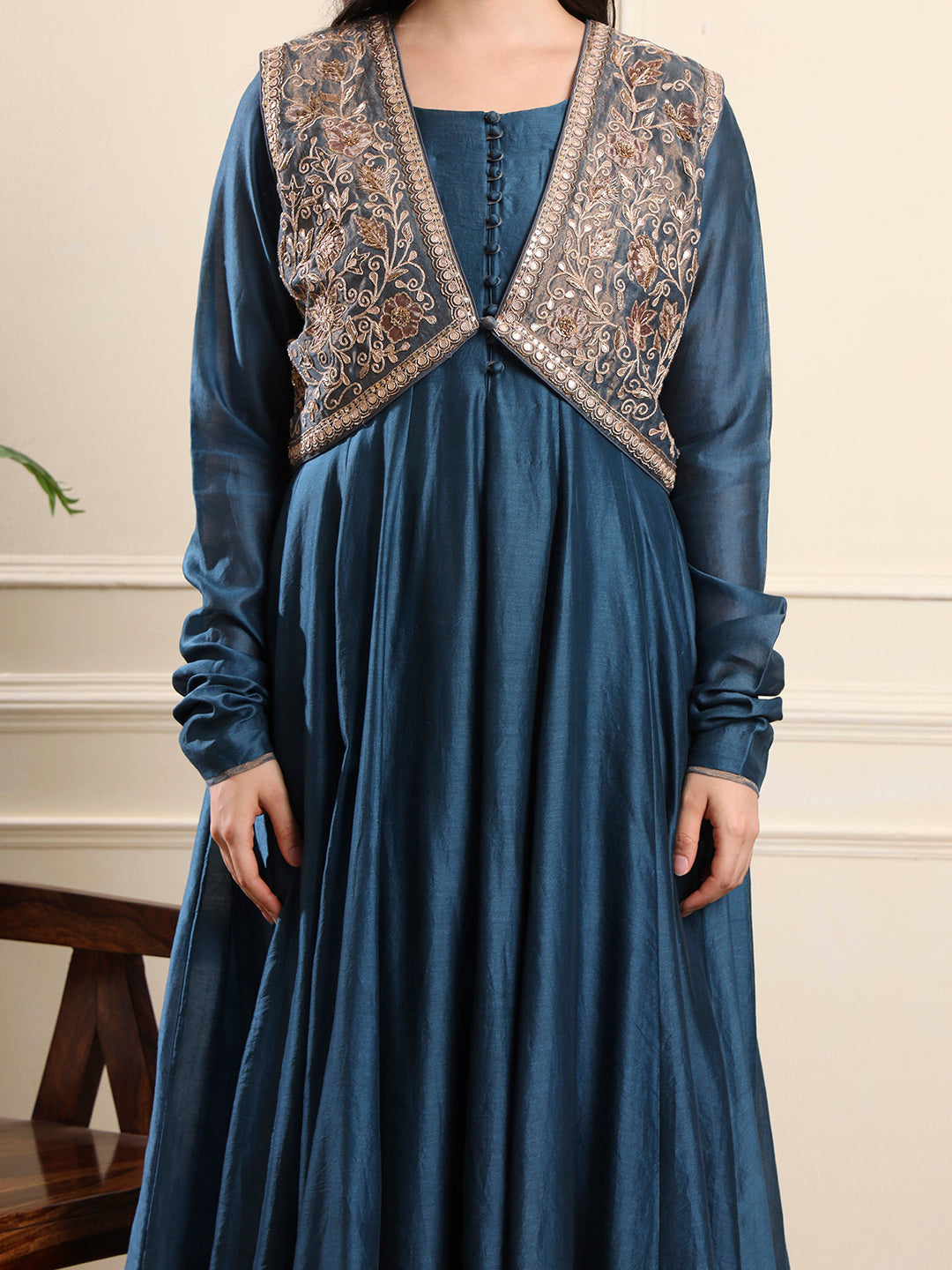 Royal Teal Anarkali with Embroidered Waistcoat