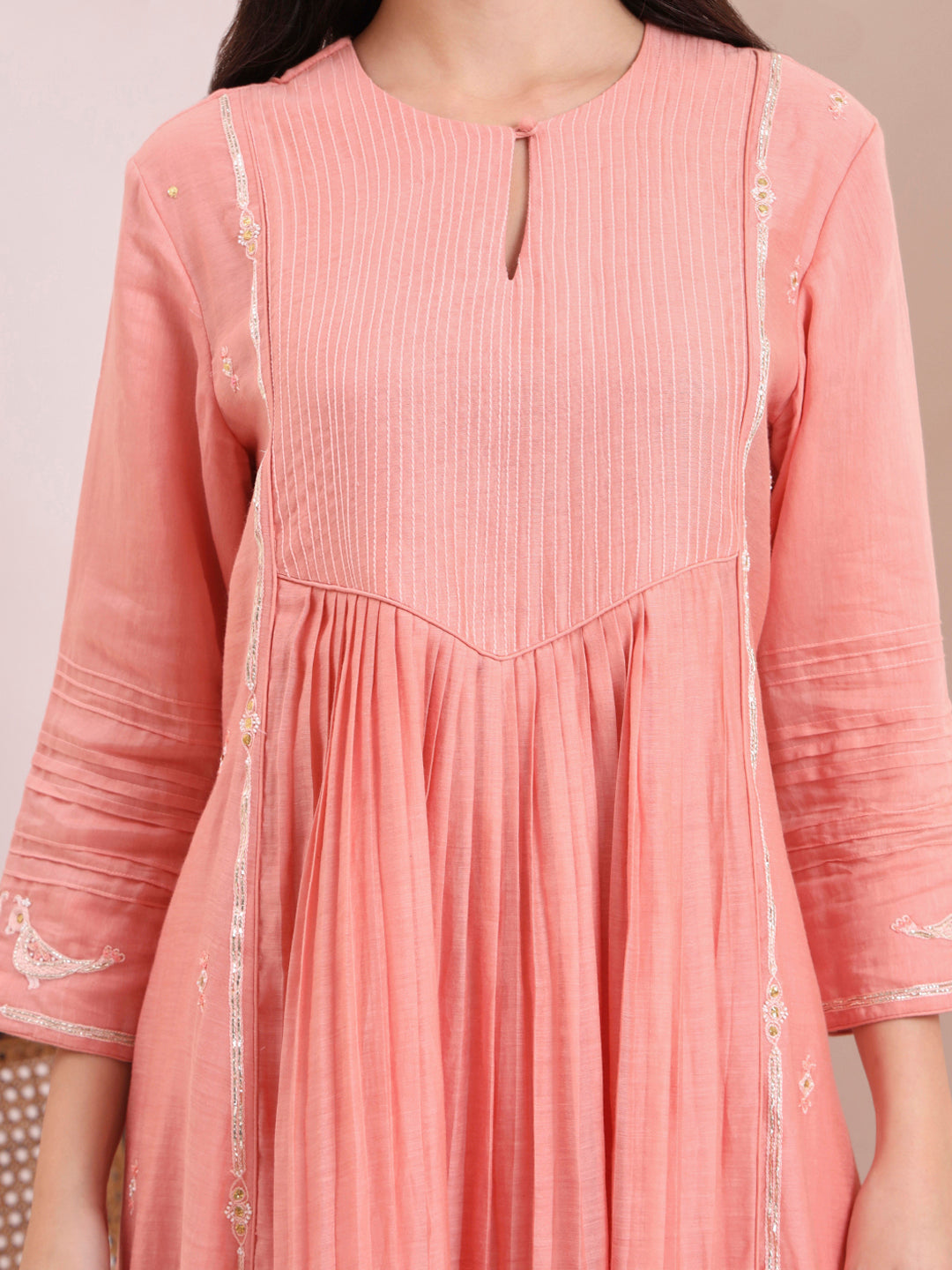 Peach Pink Pleated Suit Set