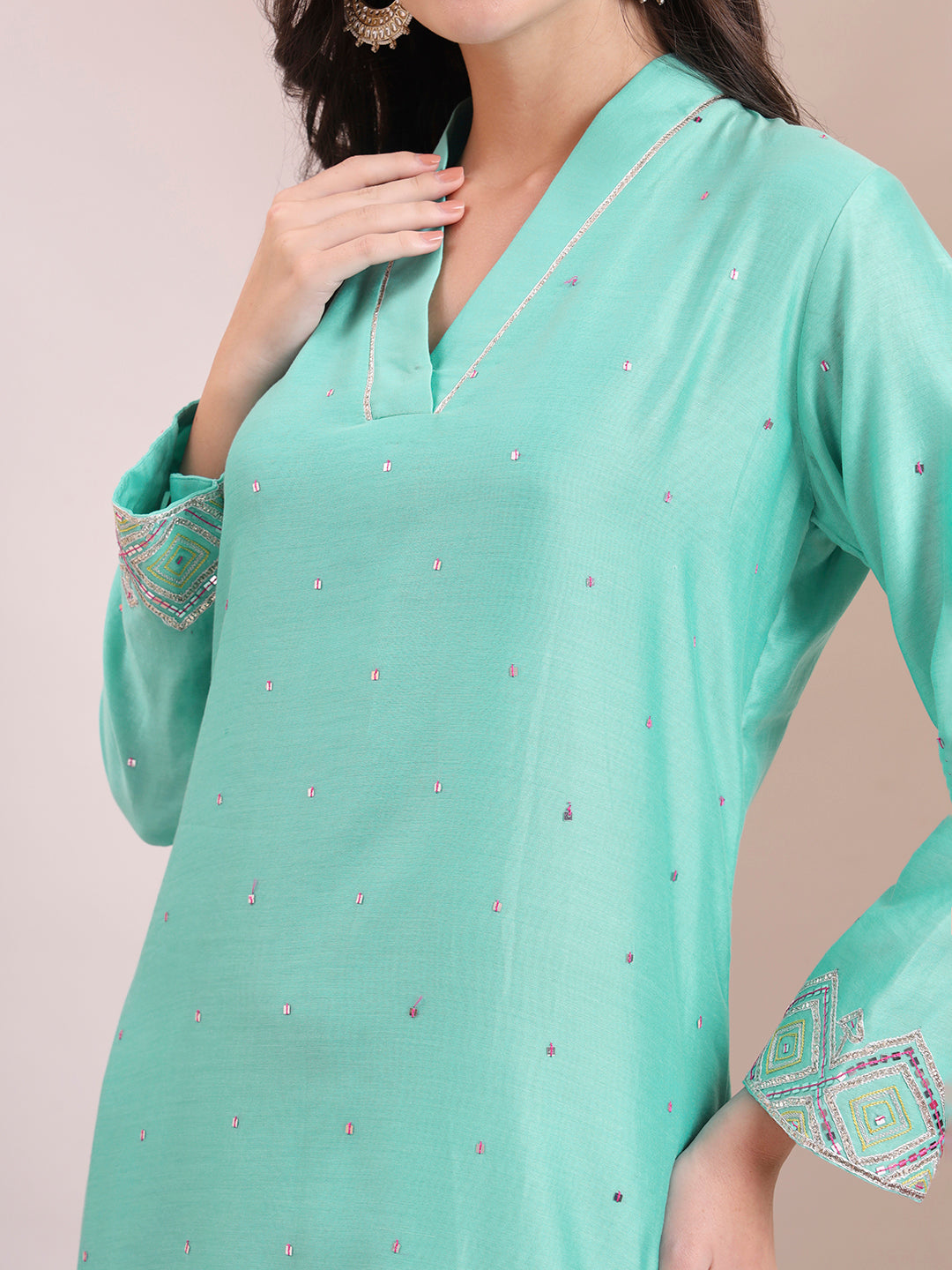 Turquoise Pink Embroidered Kurta Set