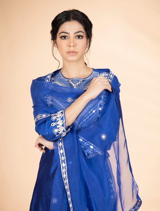 Blue Mirror & Sequins Embroidered Suit Set