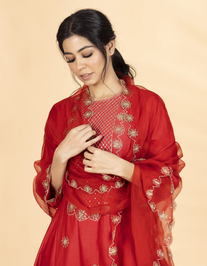 Red Yoke A Line Suit Set