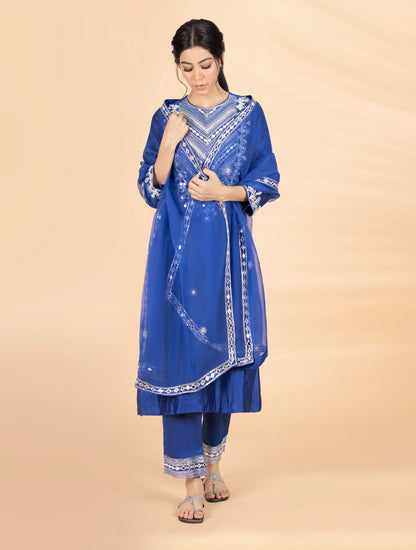 Blue Mirror & Sequins Embroidered Suit Set