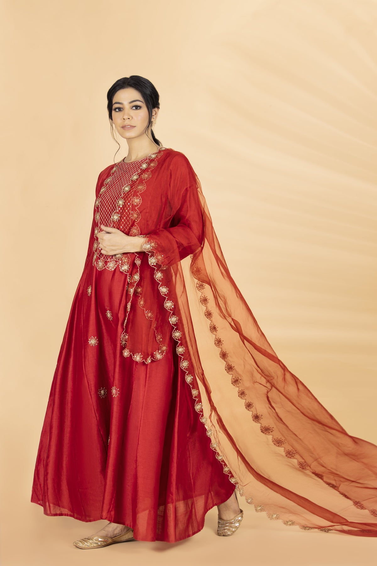 Red Yoke A Line Suit Set