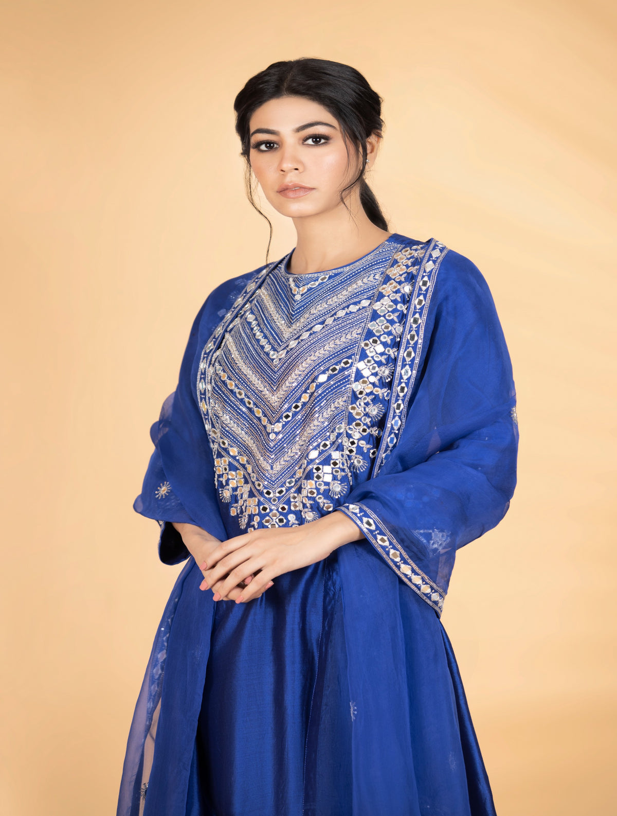 Blue Mirror & Sequins Embroidered Suit Set