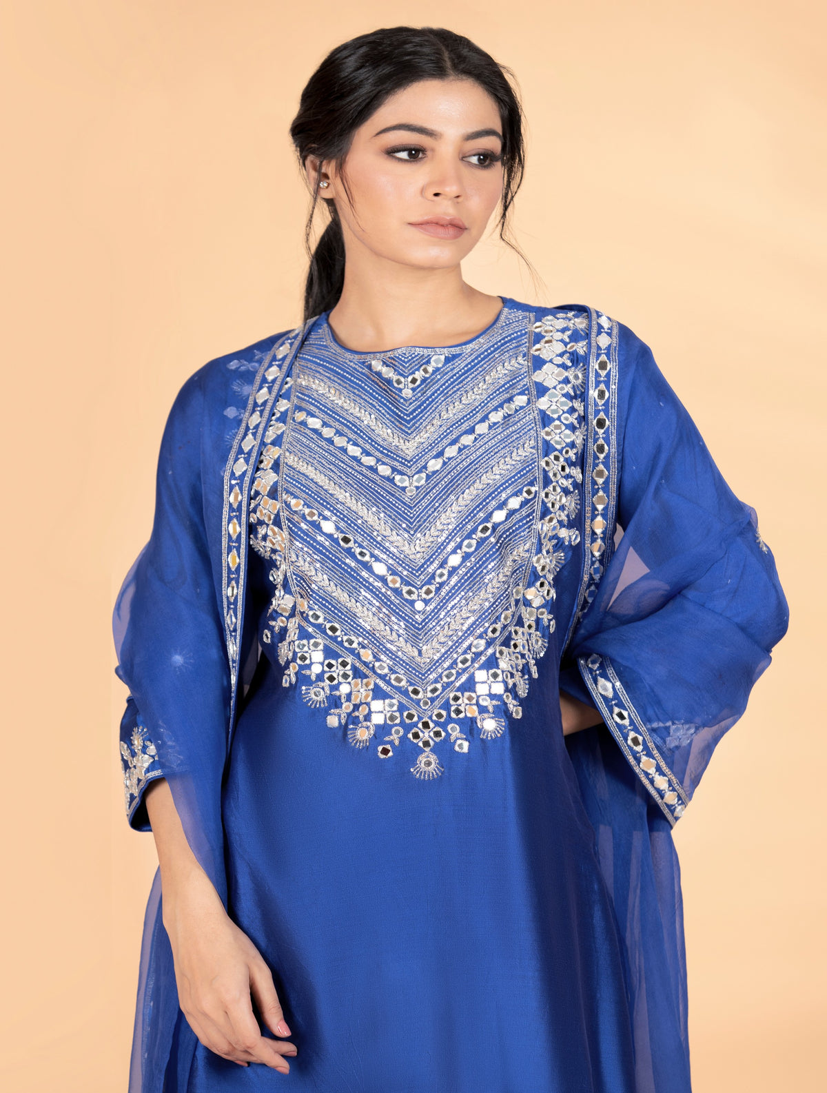 Blue Mirror & Sequins Embroidered Suit Set