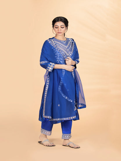 Blue Mirror & Sequins Embroidered Suit Set