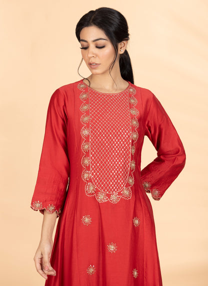 Red Yoke A Line Suit Set