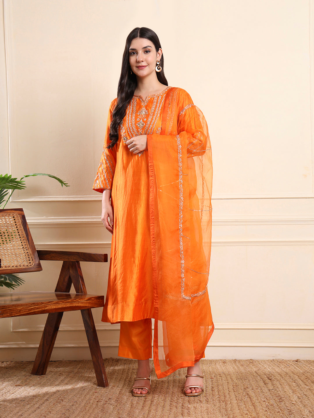 Orange Zari Embroidered Suit