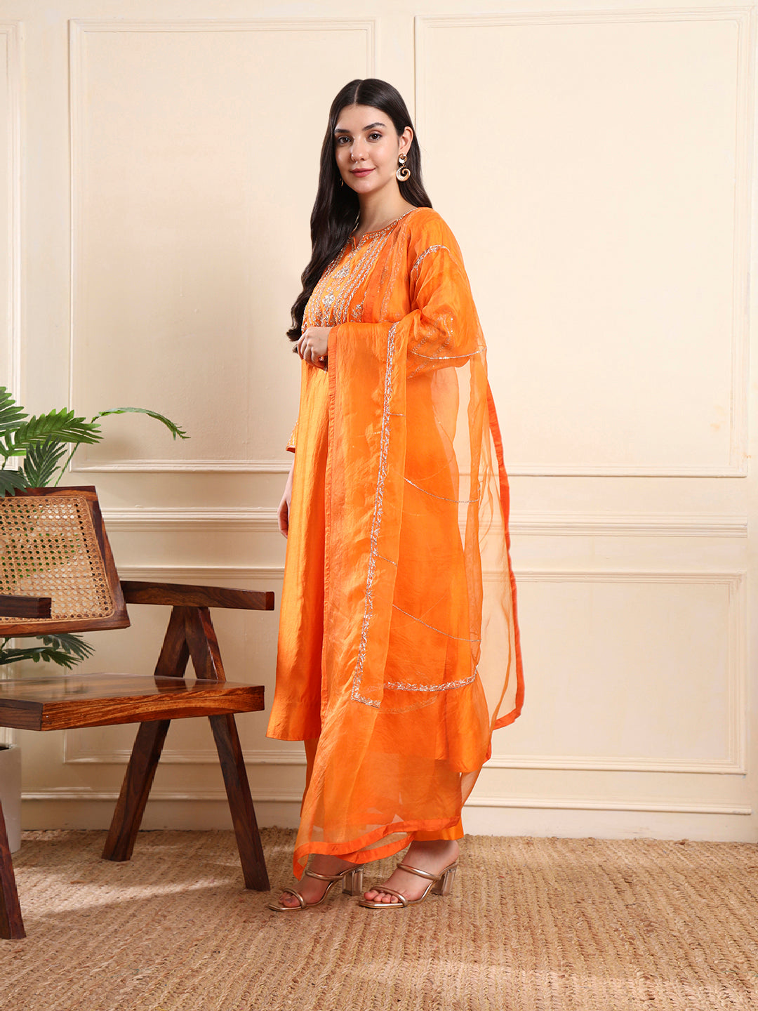 Orange Zari Embroidered Suit