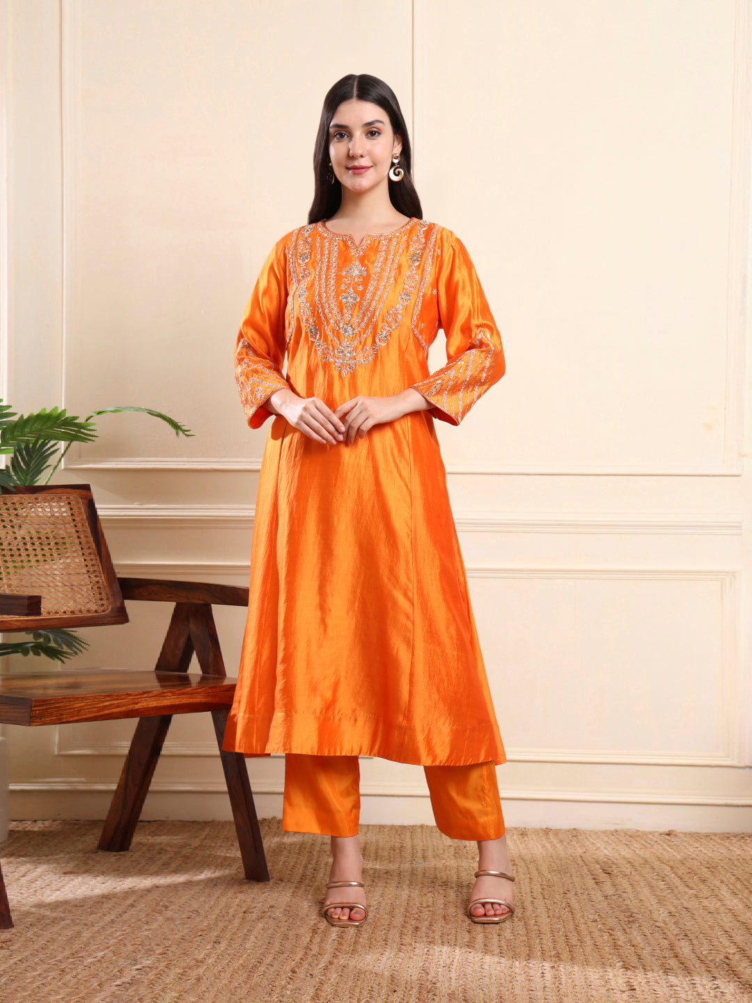 Orange Zari Embroidered Suit