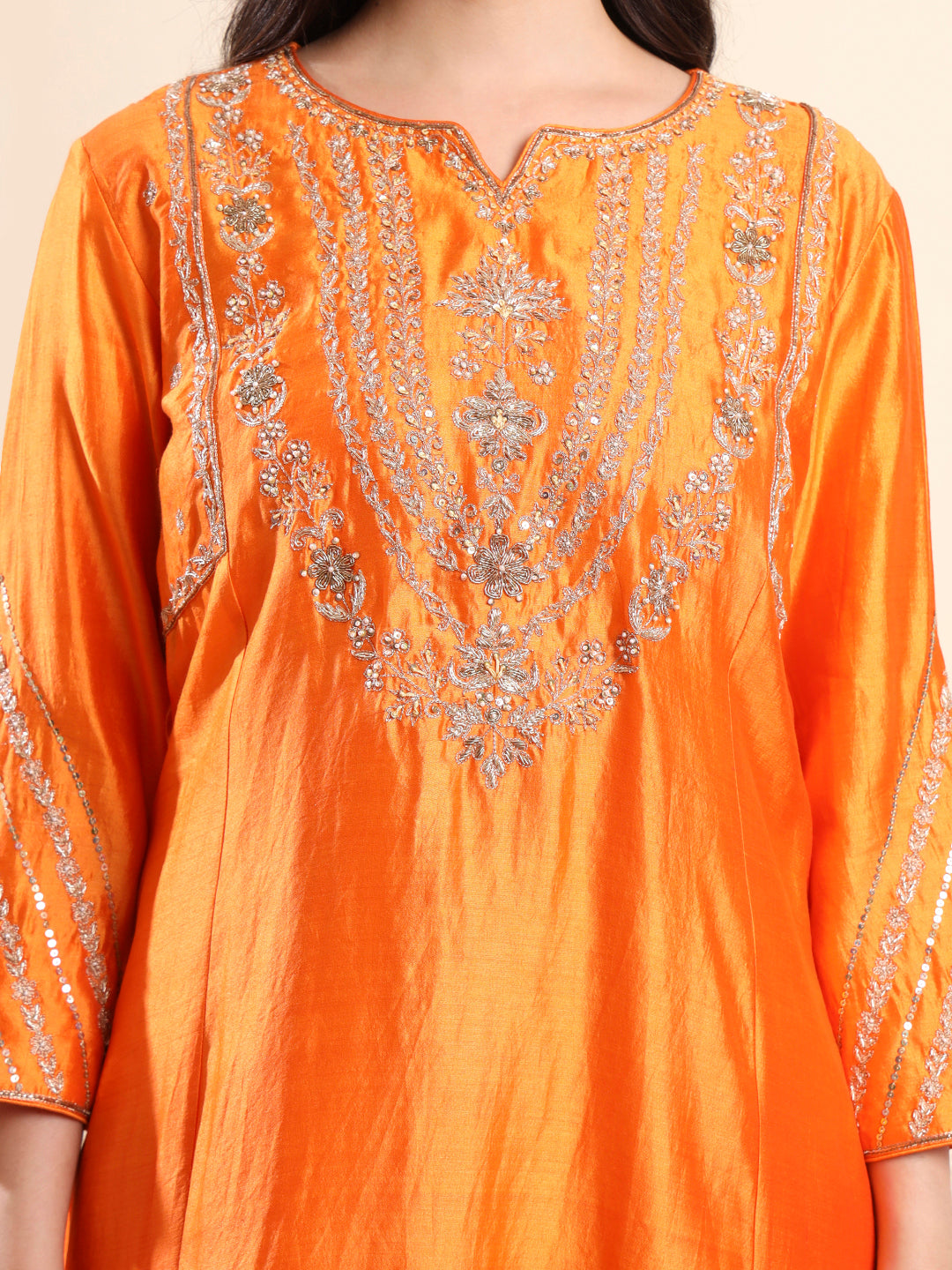 Orange Zari Embroidered Suit