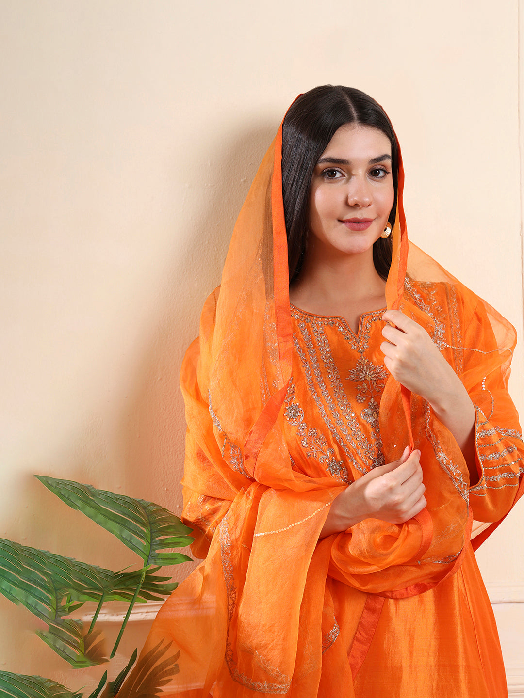 Orange Zari Embroidered Suit