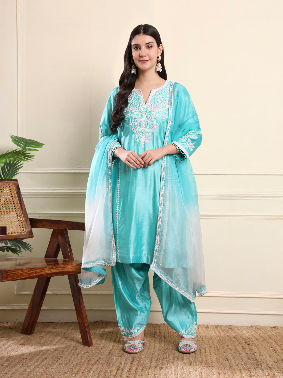 Aqua Blue Floral Embroidered Suit