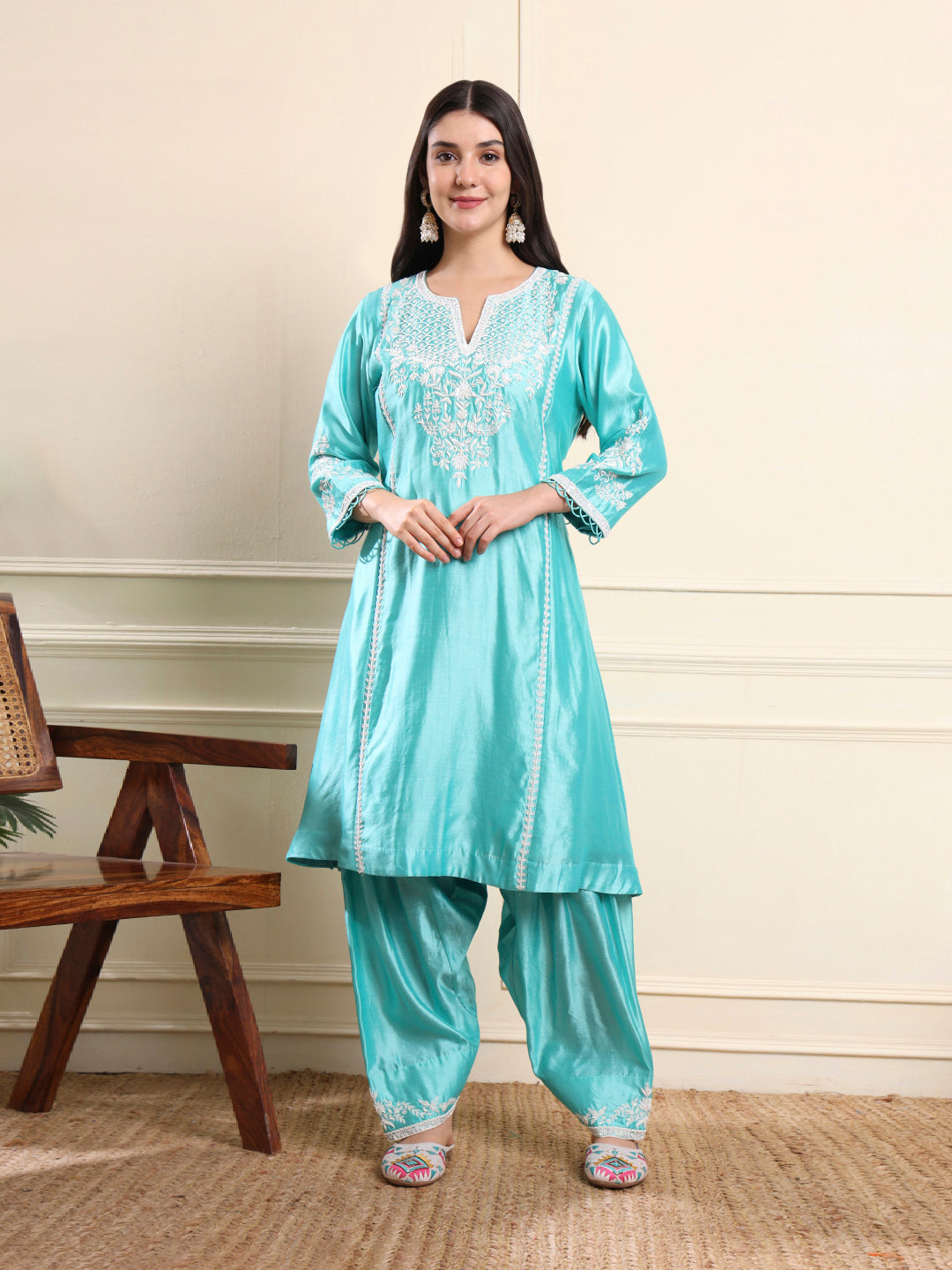 Aqua Blue Floral Embroidered Suit