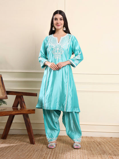 Aqua Blue Floral Embroidered Suit