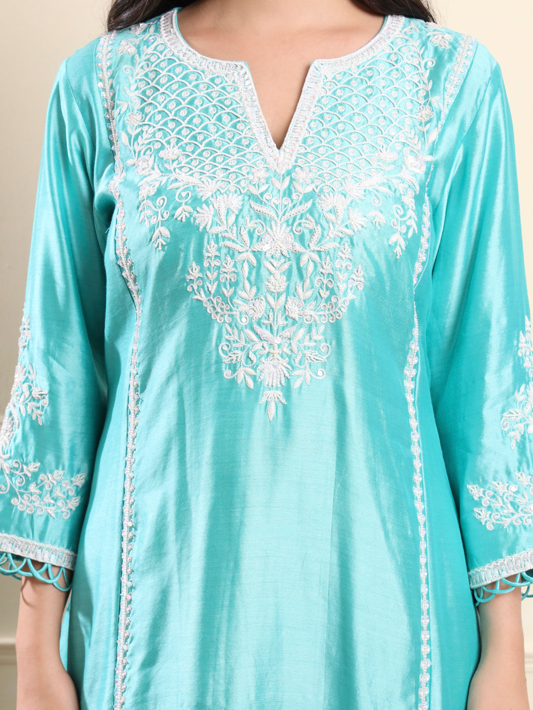 Aqua Blue Floral Embroidered Suit