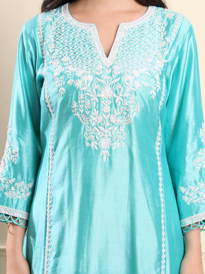 Aqua Blue Floral Embroidered Suit