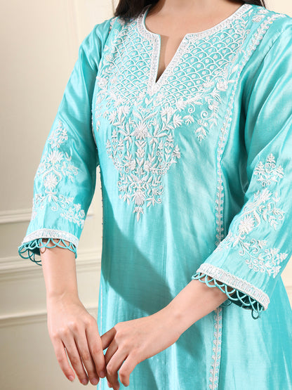 Aqua Blue Floral Embroidered Suit