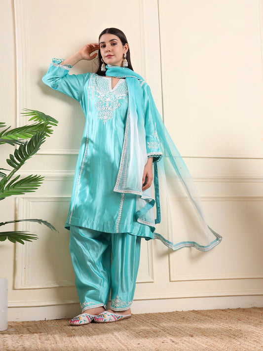 Aqua Blue Floral Embroidered Suit
