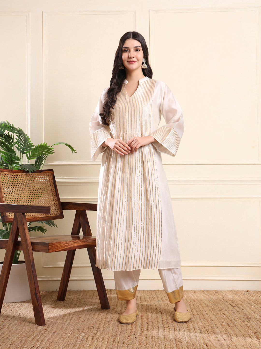 Ivory Golden Gota Stripes Kurta Set