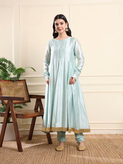 Powder Blue Embroidered Jacket-Style Anarkali Suit