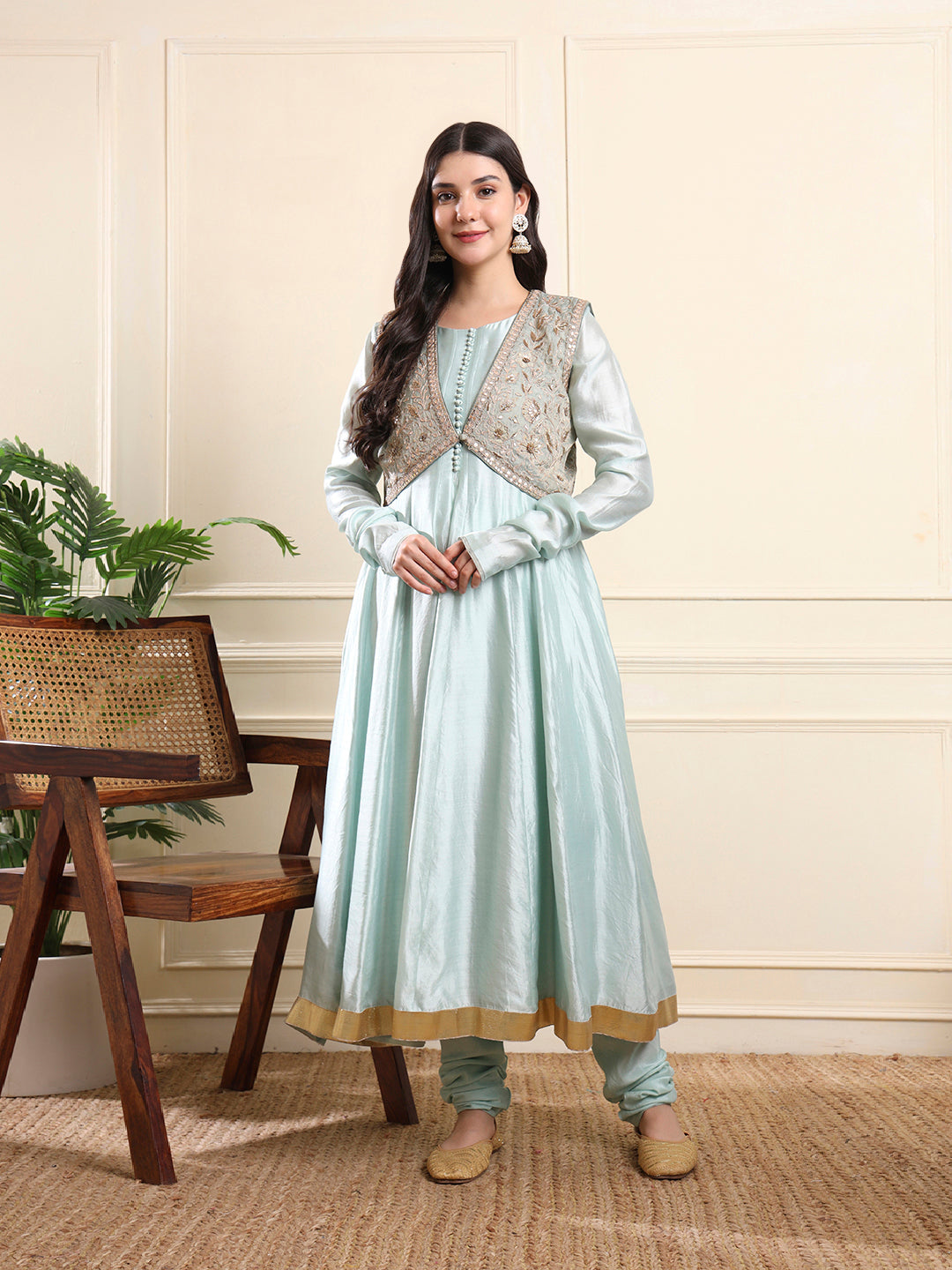 Powder Blue Embroidered Jacket-Style Anarkali Suit