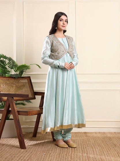 Powder Blue Embroidered Jacket-Style Anarkali Suit