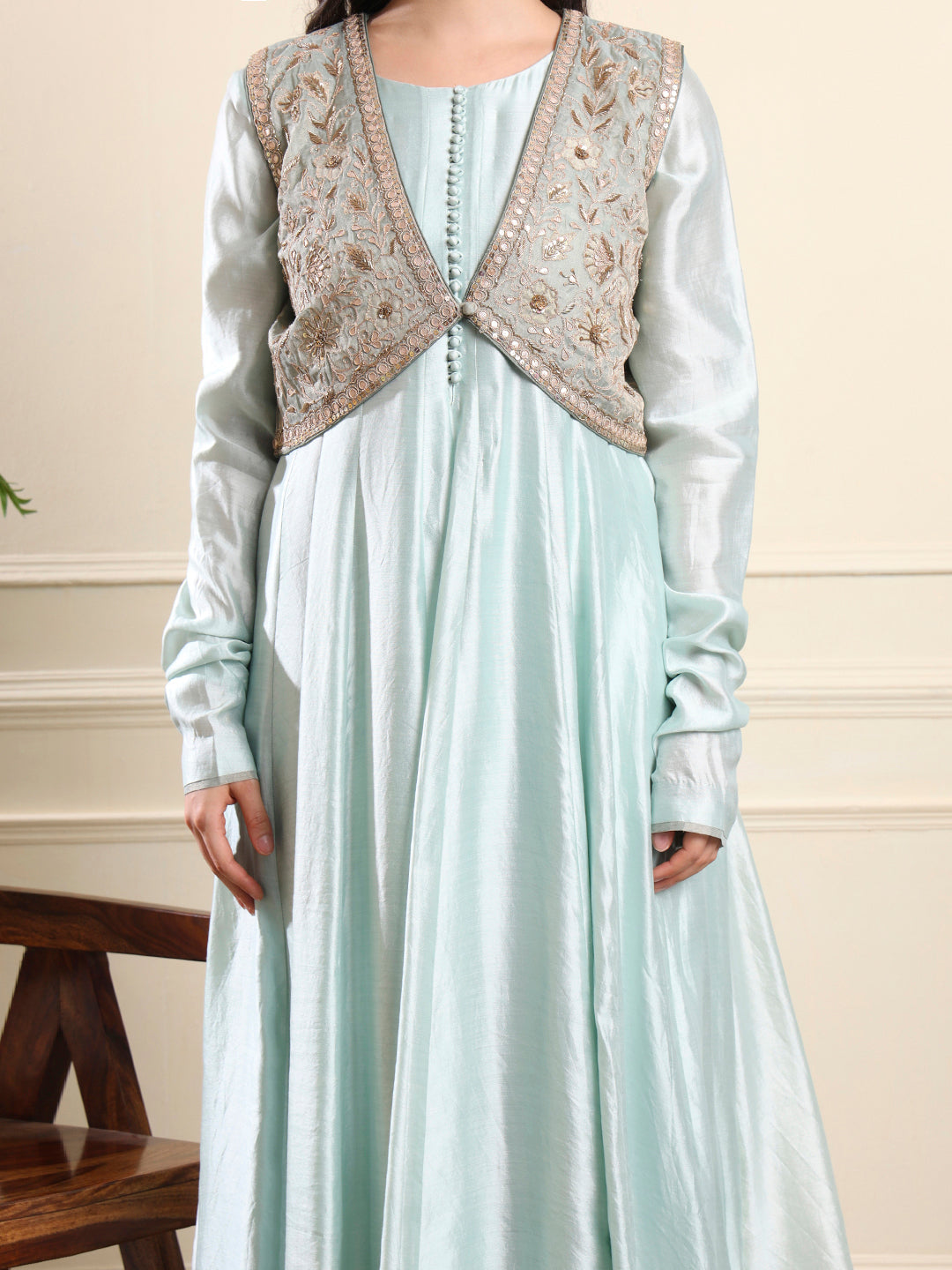 Powder Blue Embroidered Jacket-Style Anarkali Suit