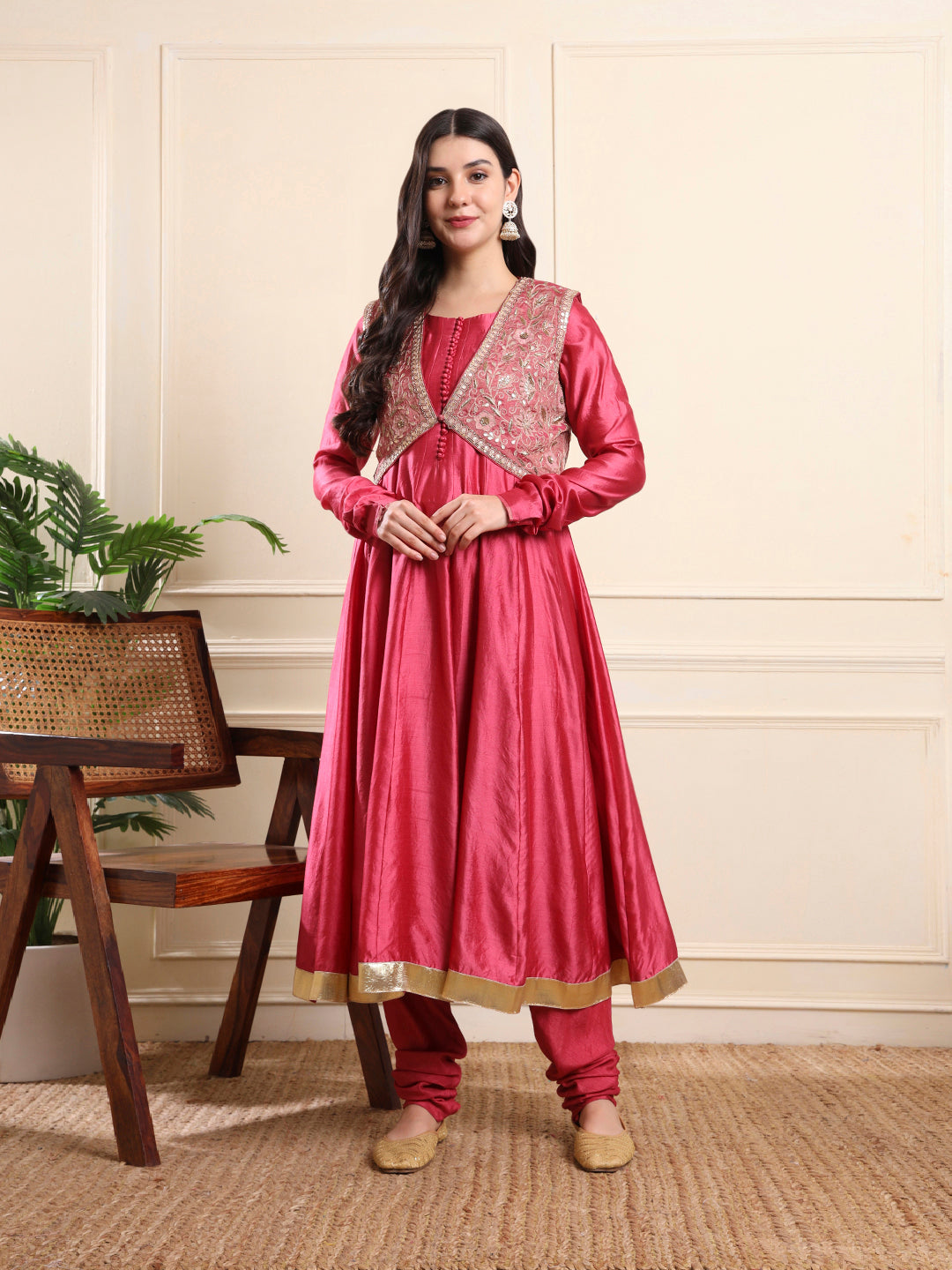 Onion Pink Embroidered Jacket-Style Anarkali Suit