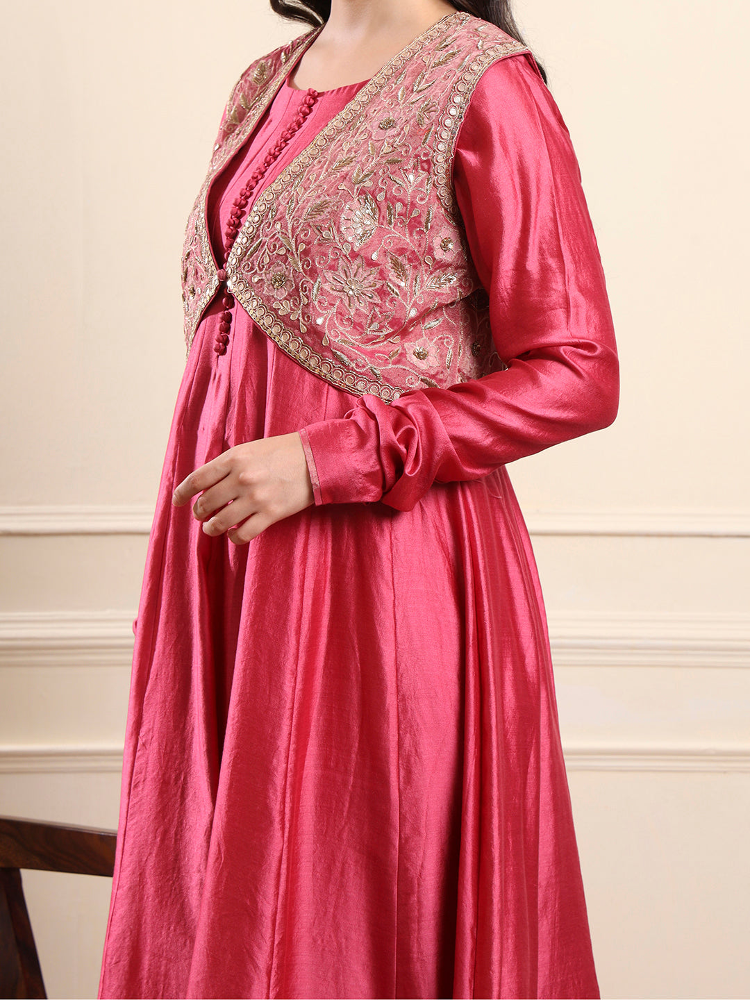 Onion Pink Embroidered Jacket-Style Anarkali Suit