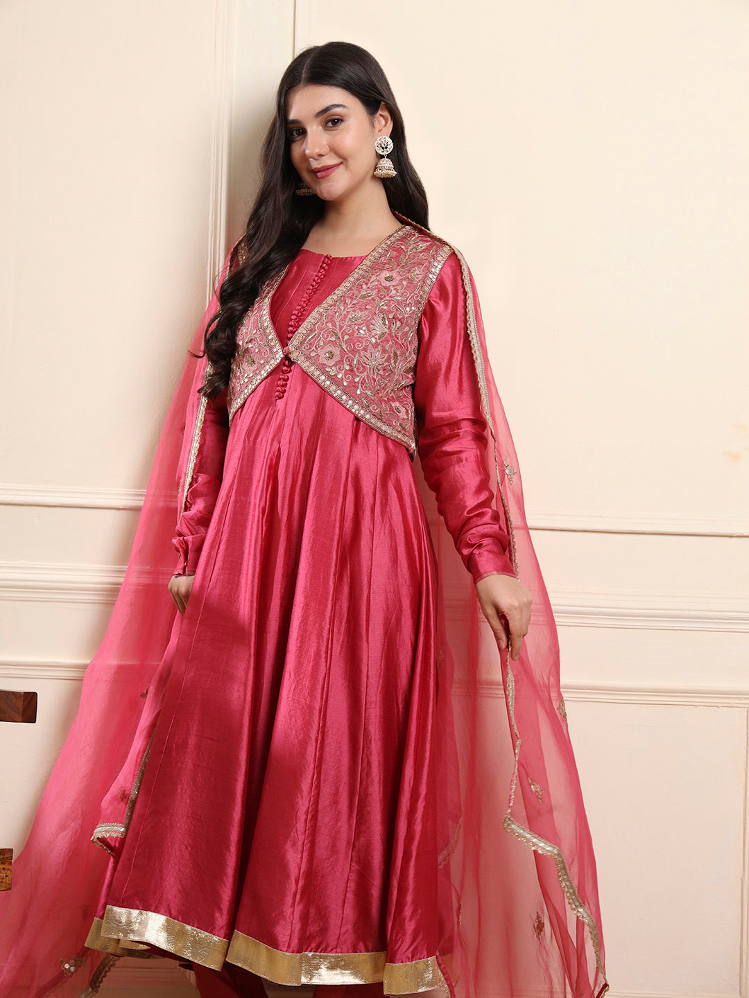 Onion Pink Embroidered Jacket-Style Anarkali Suit