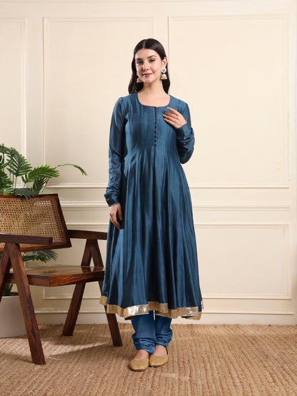 Royal Teal Anarkali with Embroidered Waistcoat