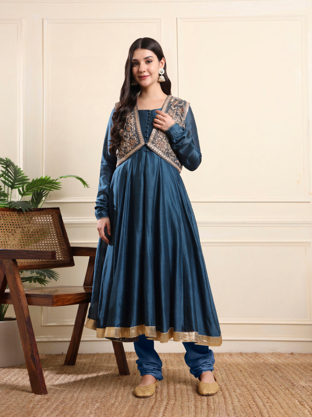 Royal Teal Anarkali with Embroidered Waistcoat