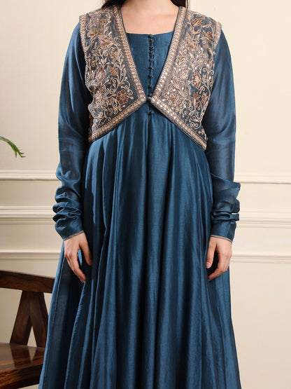 Royal Teal Anarkali with Embroidered Waistcoat