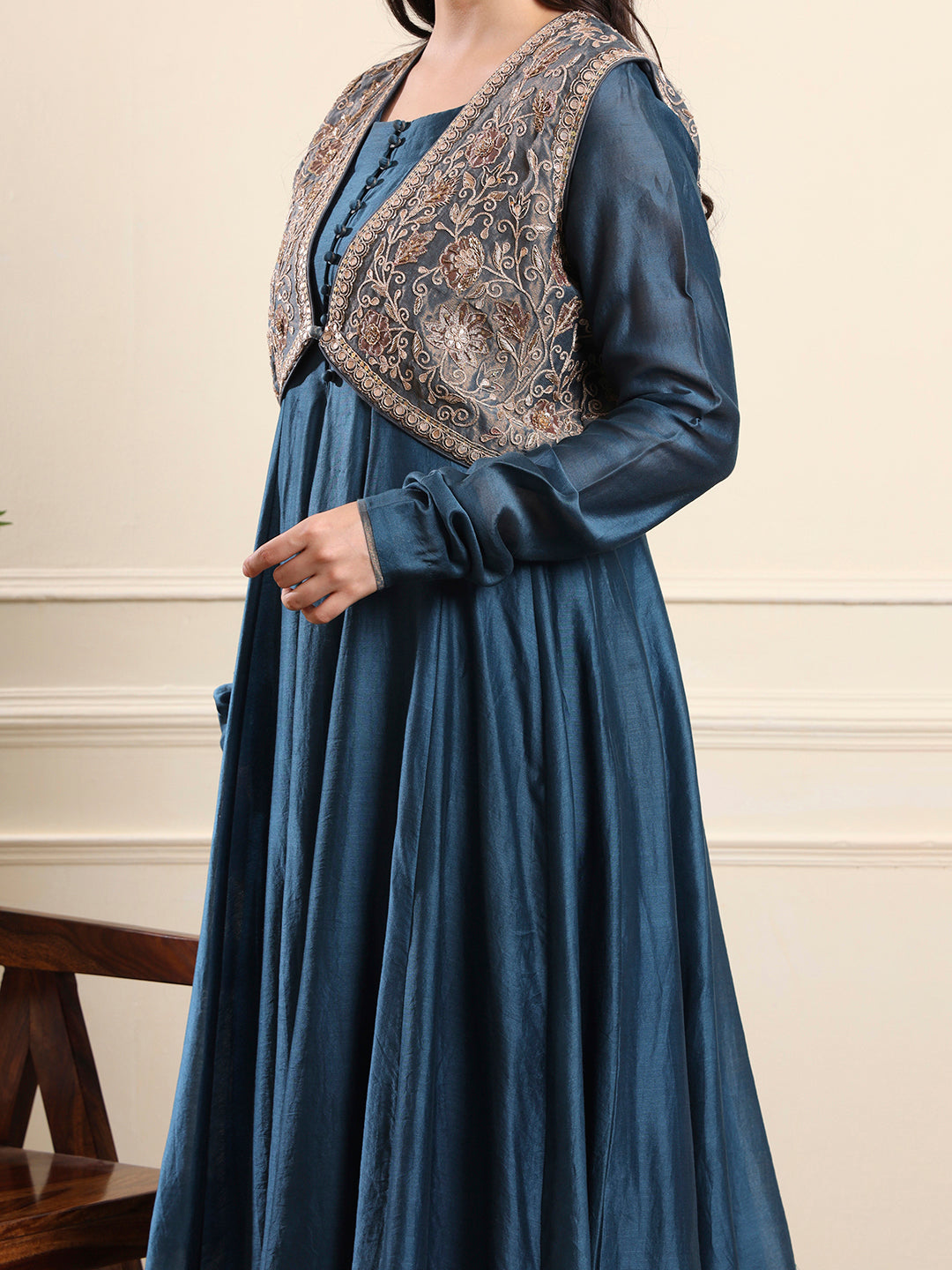Royal Teal Anarkali with Embroidered Waistcoat