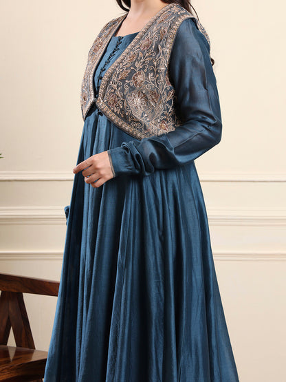 Royal Teal Anarkali with Embroidered Waistcoat