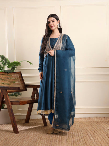 Royal Teal Anarkali with Embroidered Waistcoat
