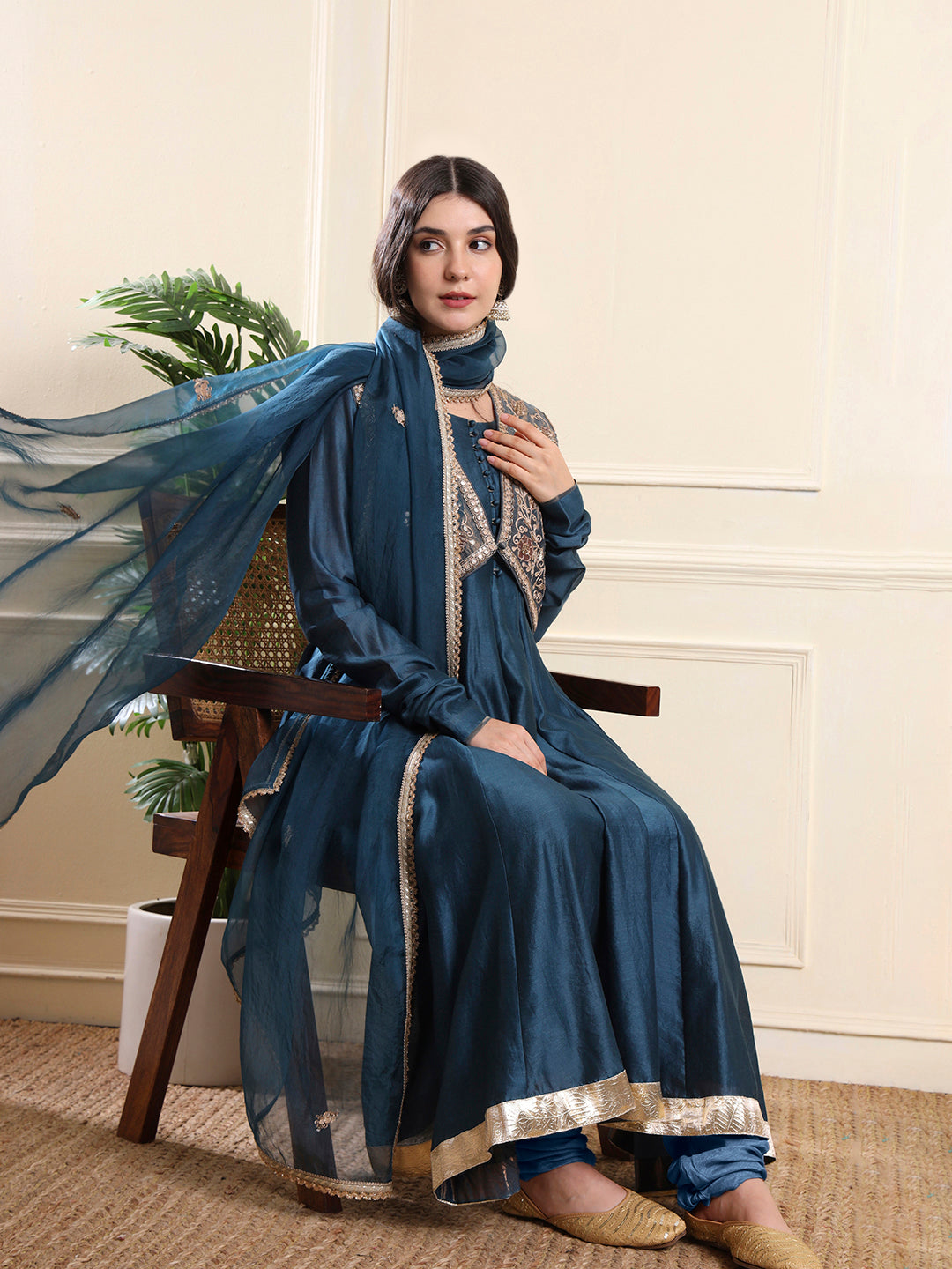 Royal Teal Anarkali with Embroidered Waistcoat