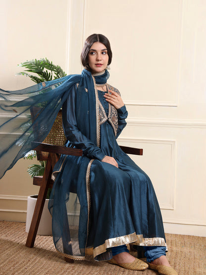 Royal Teal Anarkali with Embroidered Waistcoat