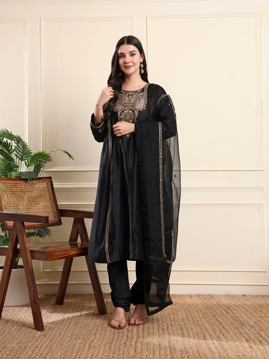 Midnight Black A-Line Embroidered Suit