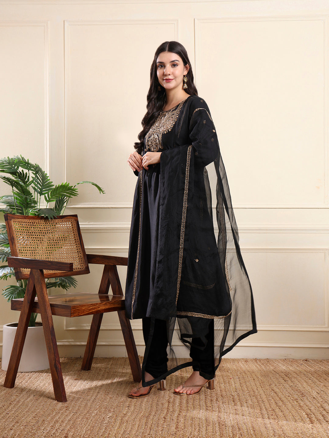 Midnight Black A-Line Embroidered Suit