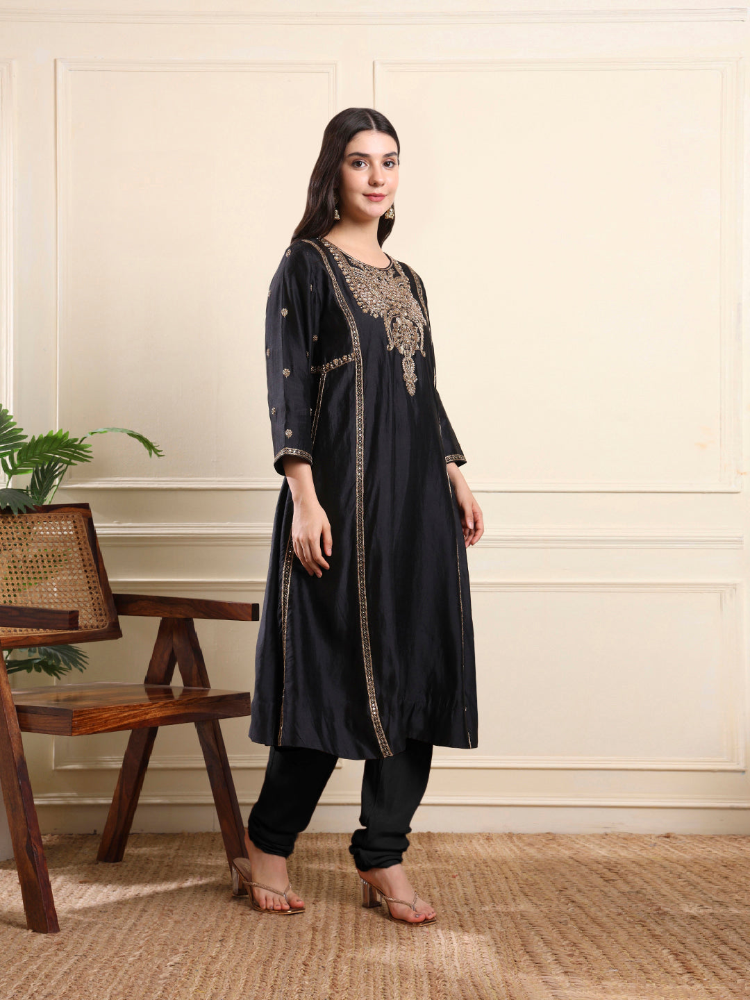 Midnight Black A-Line Embroidered Suit