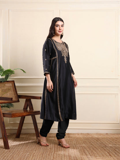Midnight Black A-Line Embroidered Suit
