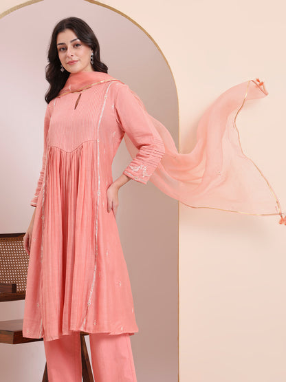Peach Pink Pleated Suit Set