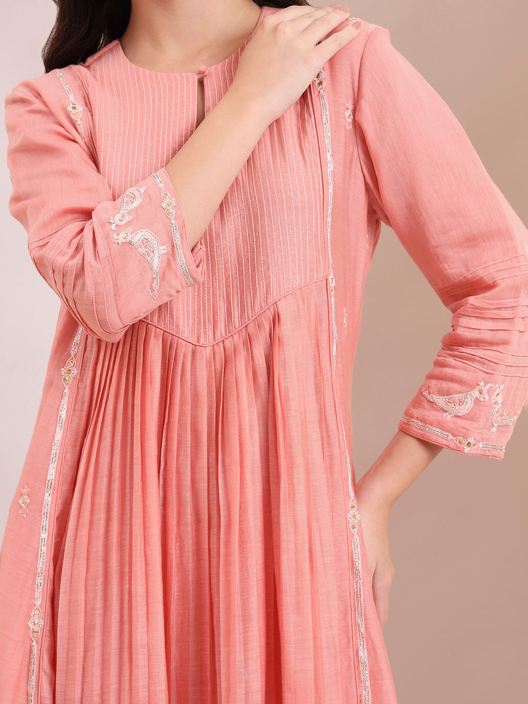 Peach Pink Pleated Suit Set