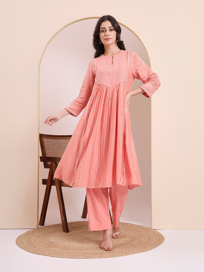 Peach Pink Pleated Suit Set
