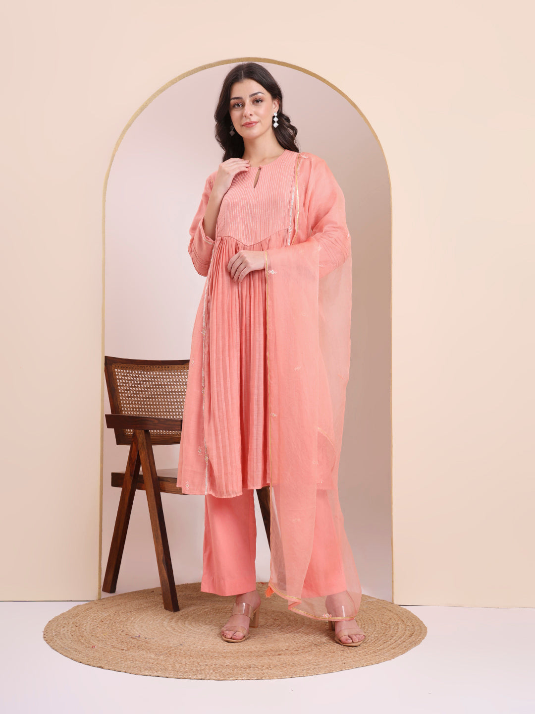 Peach Pink Pleated Suit Set