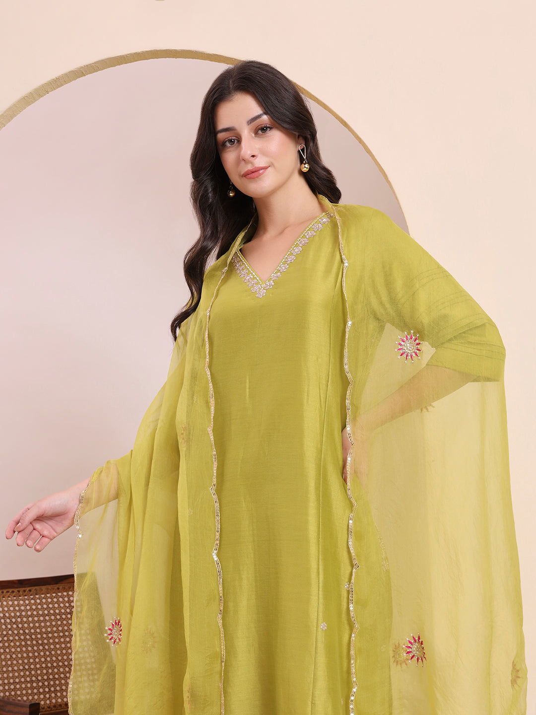 Olive Green Embroidered Straight Suit Set