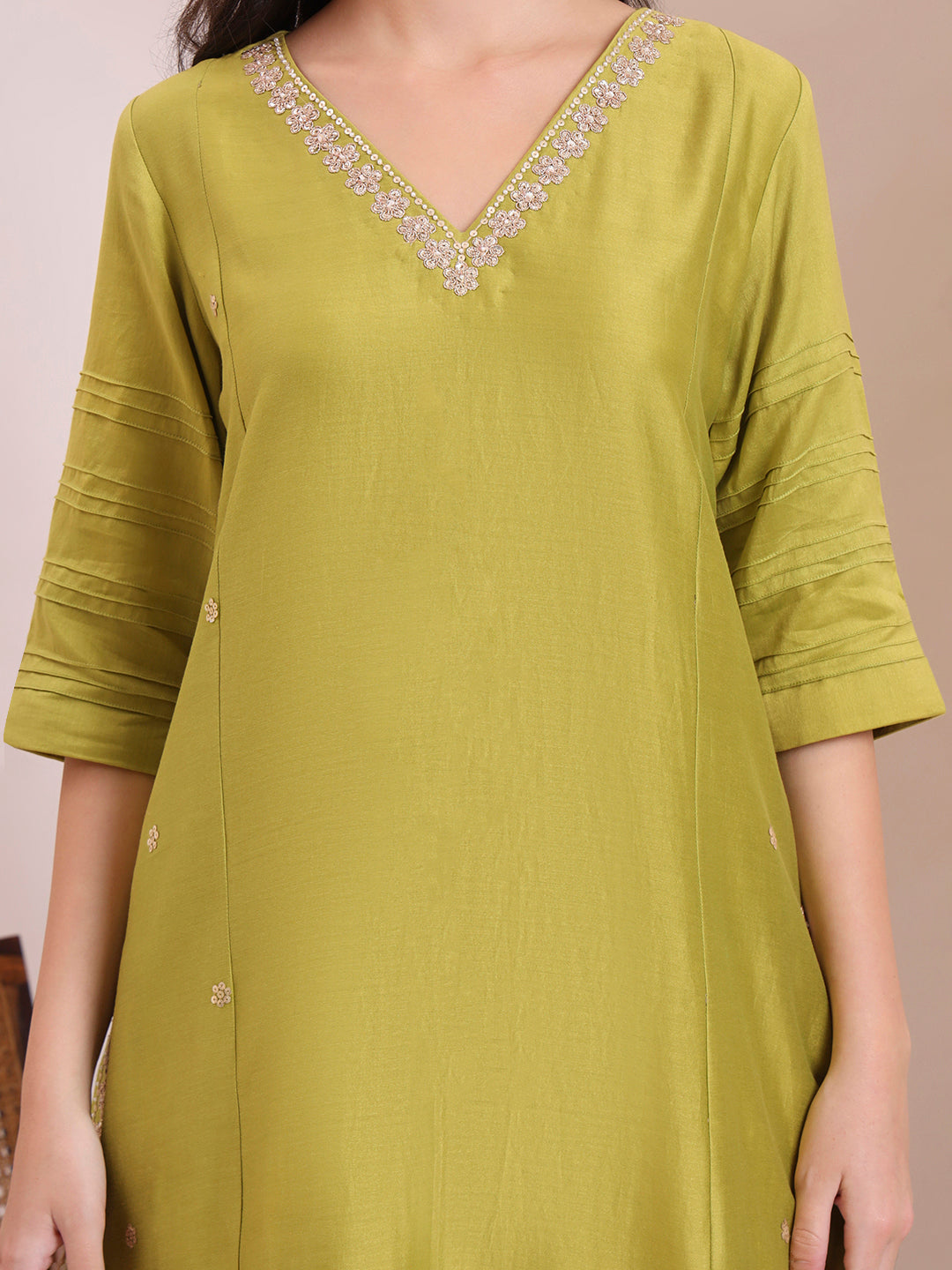 Olive Green Embroidered Straight Suit Set